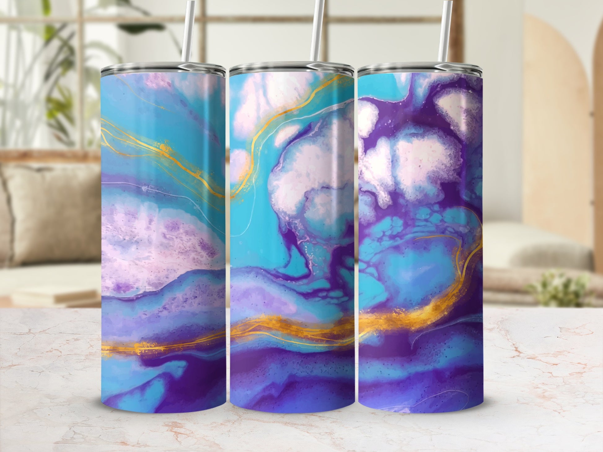 Three tumblers with abstract purple, blue, and gold marbled design.