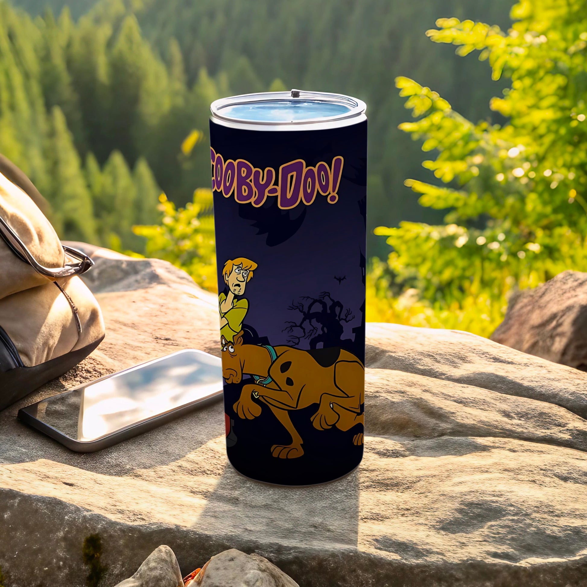 Scooby-Doo themed tumbler with Scooby and Shaggy in a spooky forest.
