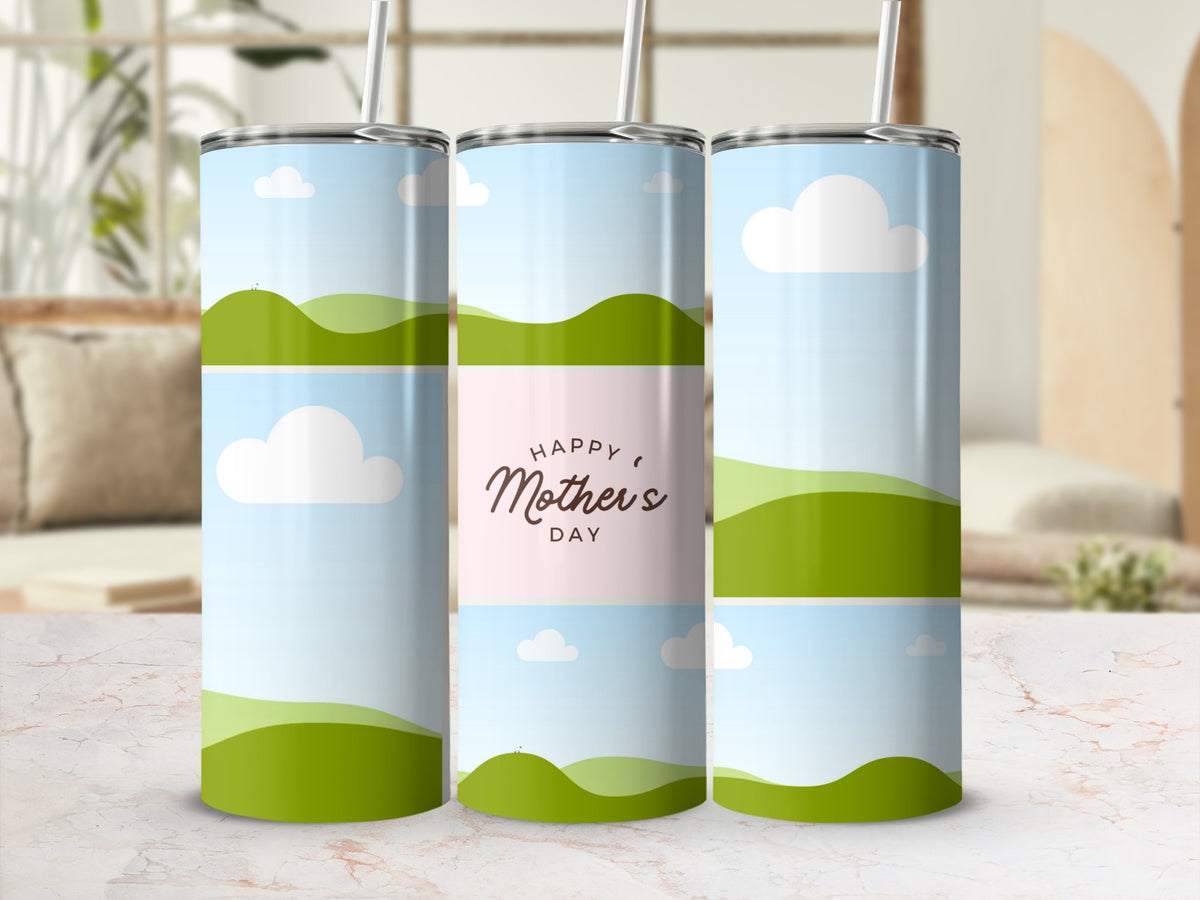 Three tumblers with a landscape design and "Happy Mother's Day" text.