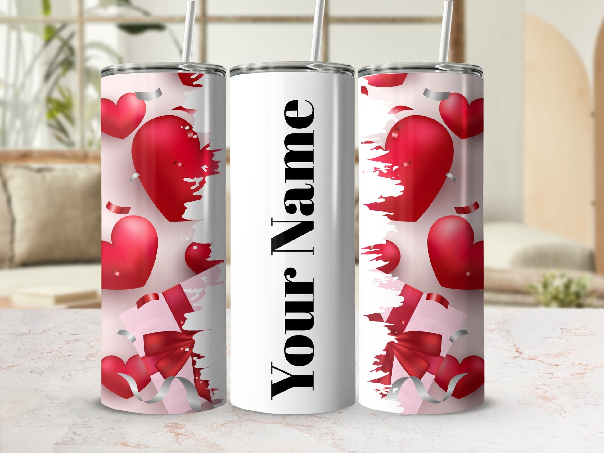 Customizable Red Heart Design Tumbler with Straw