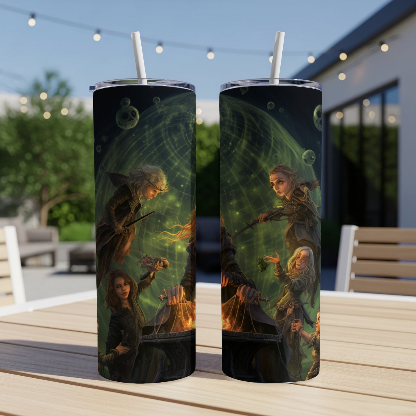 Tumblers with fantasy art featuring witches and a green cosmic background.