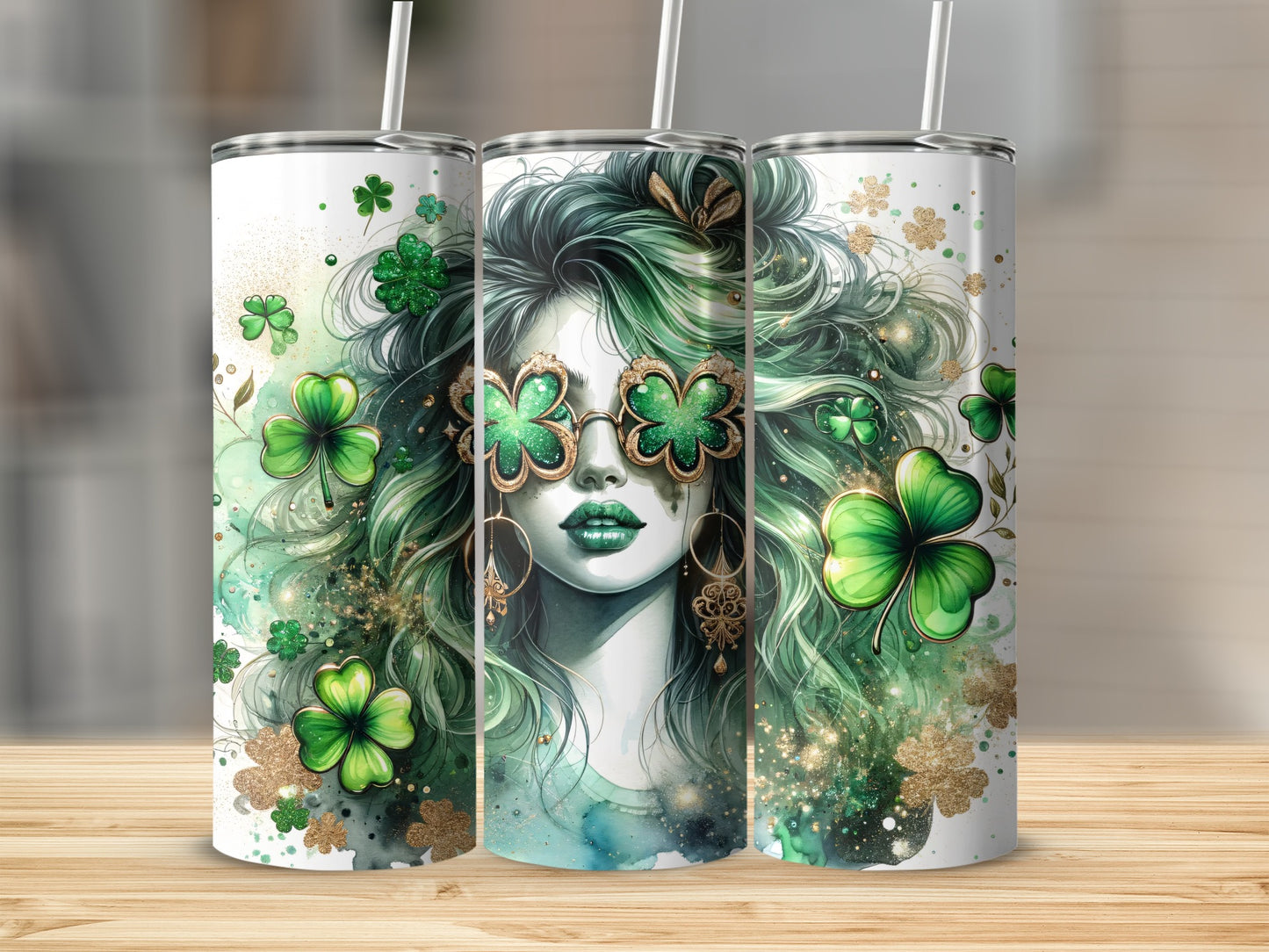 Tumbler with woman in green hair wearing shamrock glasses, St. Patrick's Day theme.