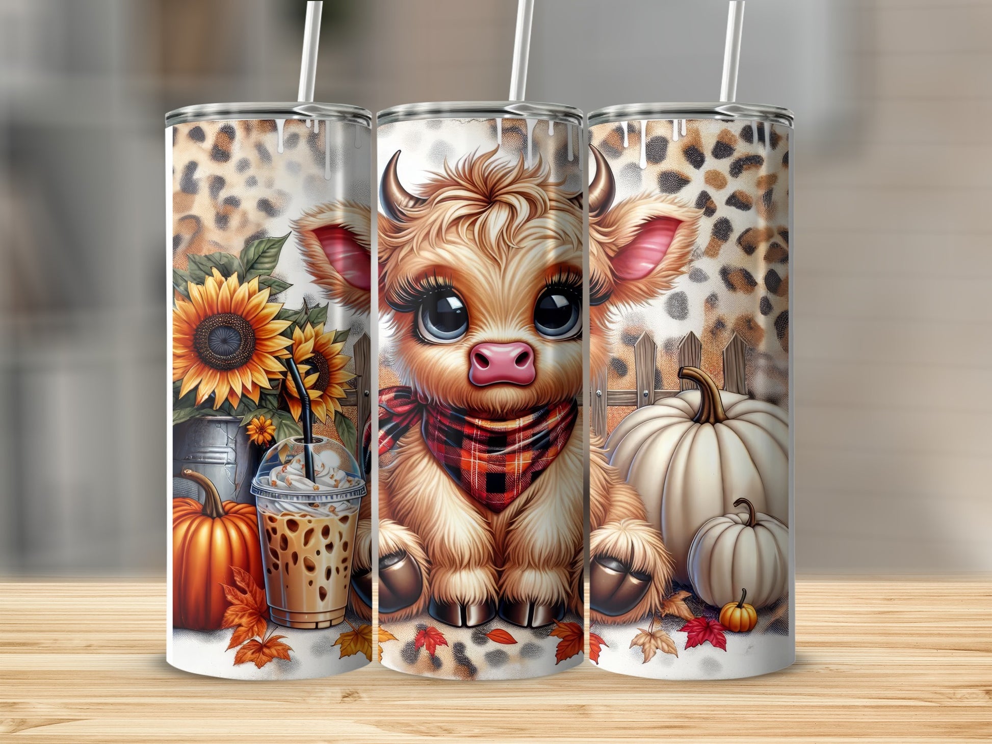 Cute cartoon cow with pumpkins, sunflowers, and plaid scarf, presented on tumblers.