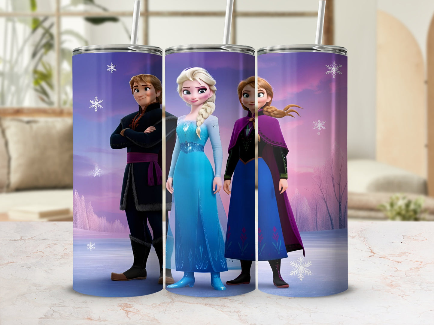 Three Frozen characters, Kristoff, Elsa, and Anna, on a purple tumbler.