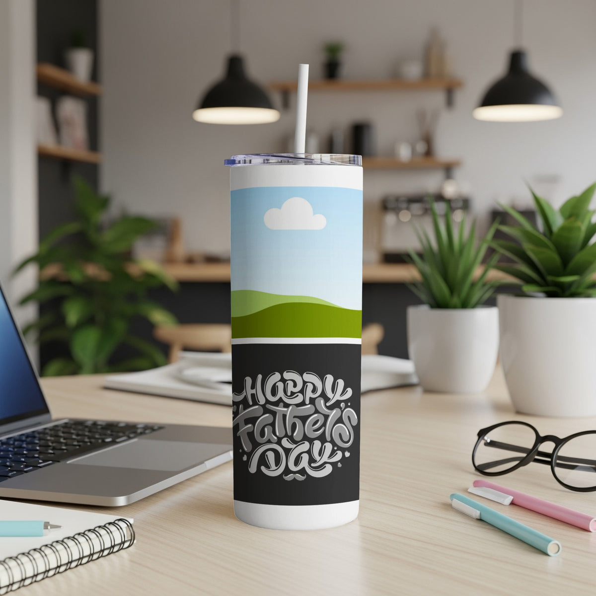 Tumbler with "Happy Father's Day" text and a landscape illustration.