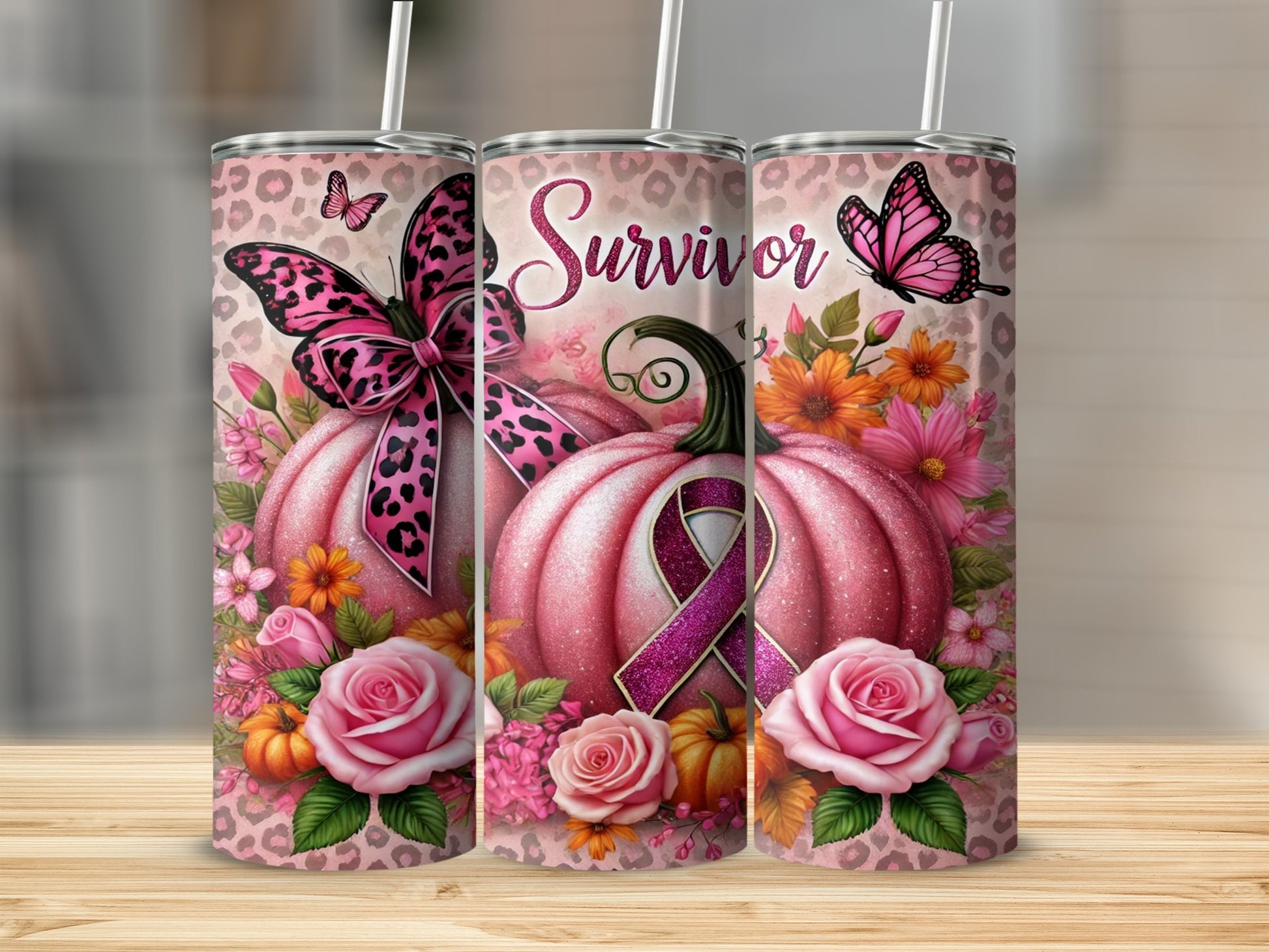 Pink pumpkin with butterfly and floral design, "Survivor" text, and ribbon.