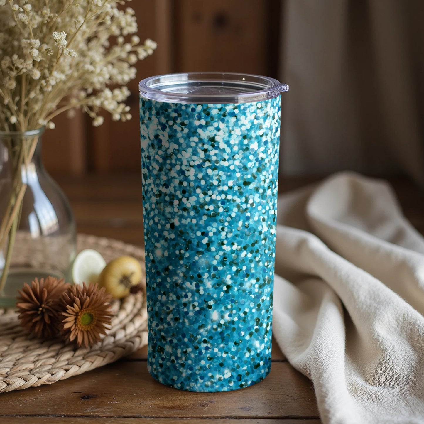 Blue and White Speckled Tumbler with Lid Beverage Holder