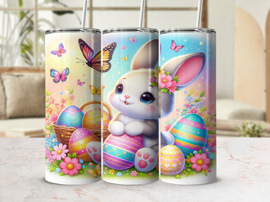 Easter bunny with colorful eggs and butterflies.