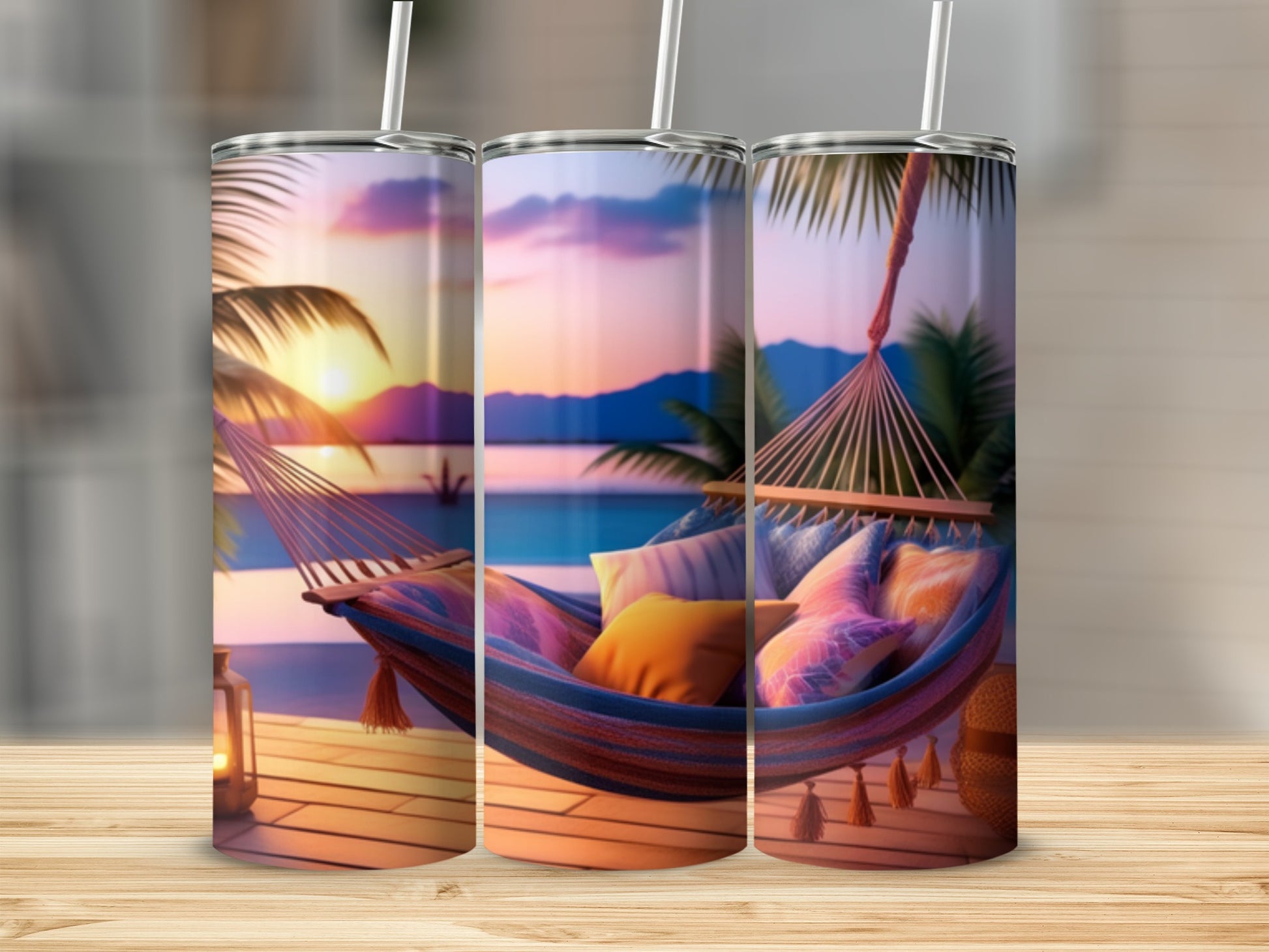 Hammock with colorful pillows on a beach at sunset, beach decor tumbler.