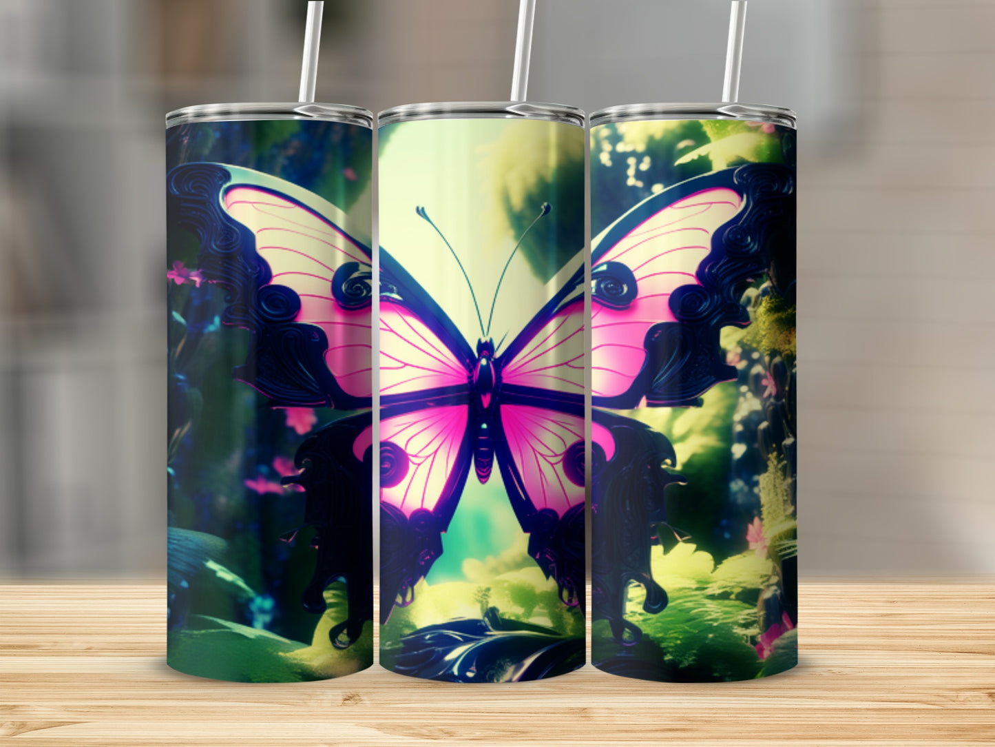Three tumblers featuring a vibrant pink butterfly on a dark floral background.