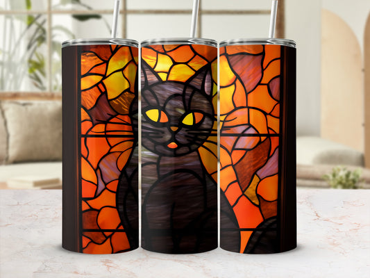 Black cat with stained glass pattern, on a tumbler.