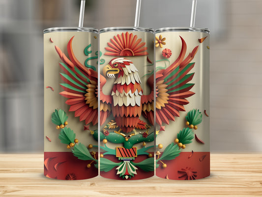 Three tumblers with Mexican national emblem and eagle motif.