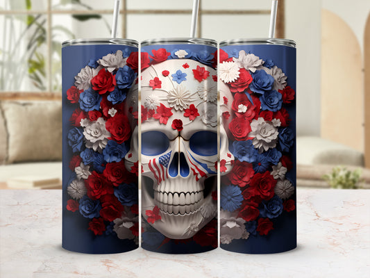 Tall tumbler with skull design featuring patriotic flowers and American flag details.