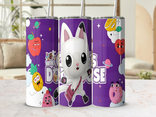 Purple tumbler with white cat character, fruit, and planets.