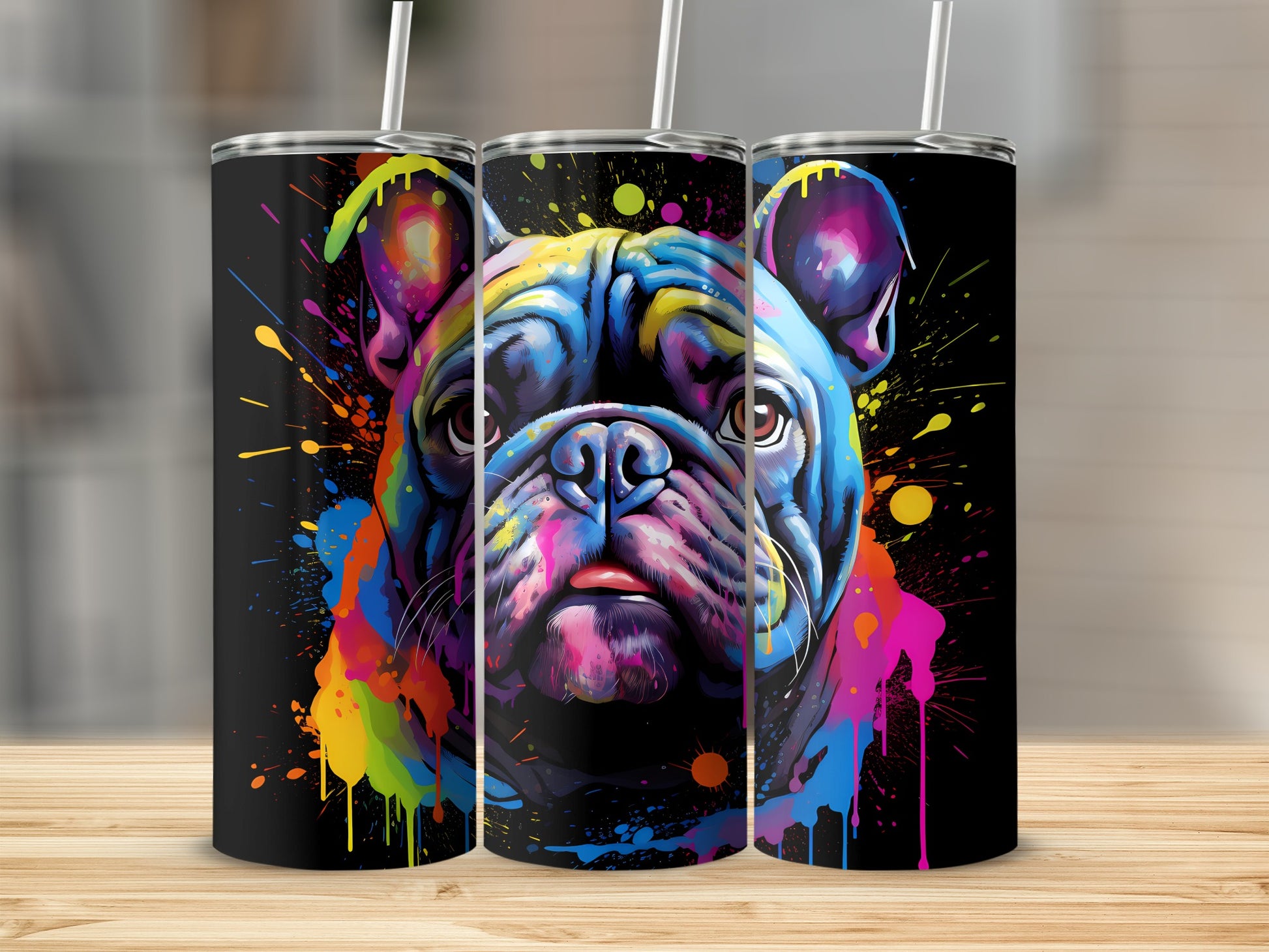 Colorful French bulldog portrait with paint splatters on black background.