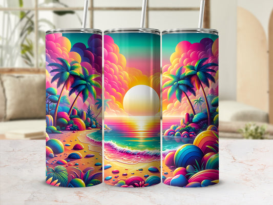 Three colorful tumblers featuring a vibrant tropical sunset beach scene.