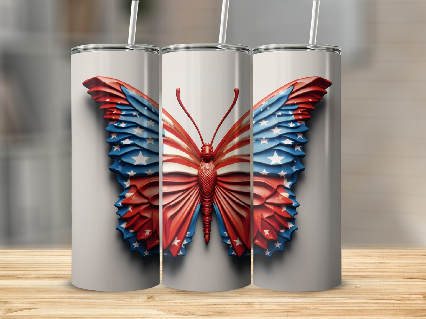 Butterfly tumbler with patriotic red, white, and blue American flag design.