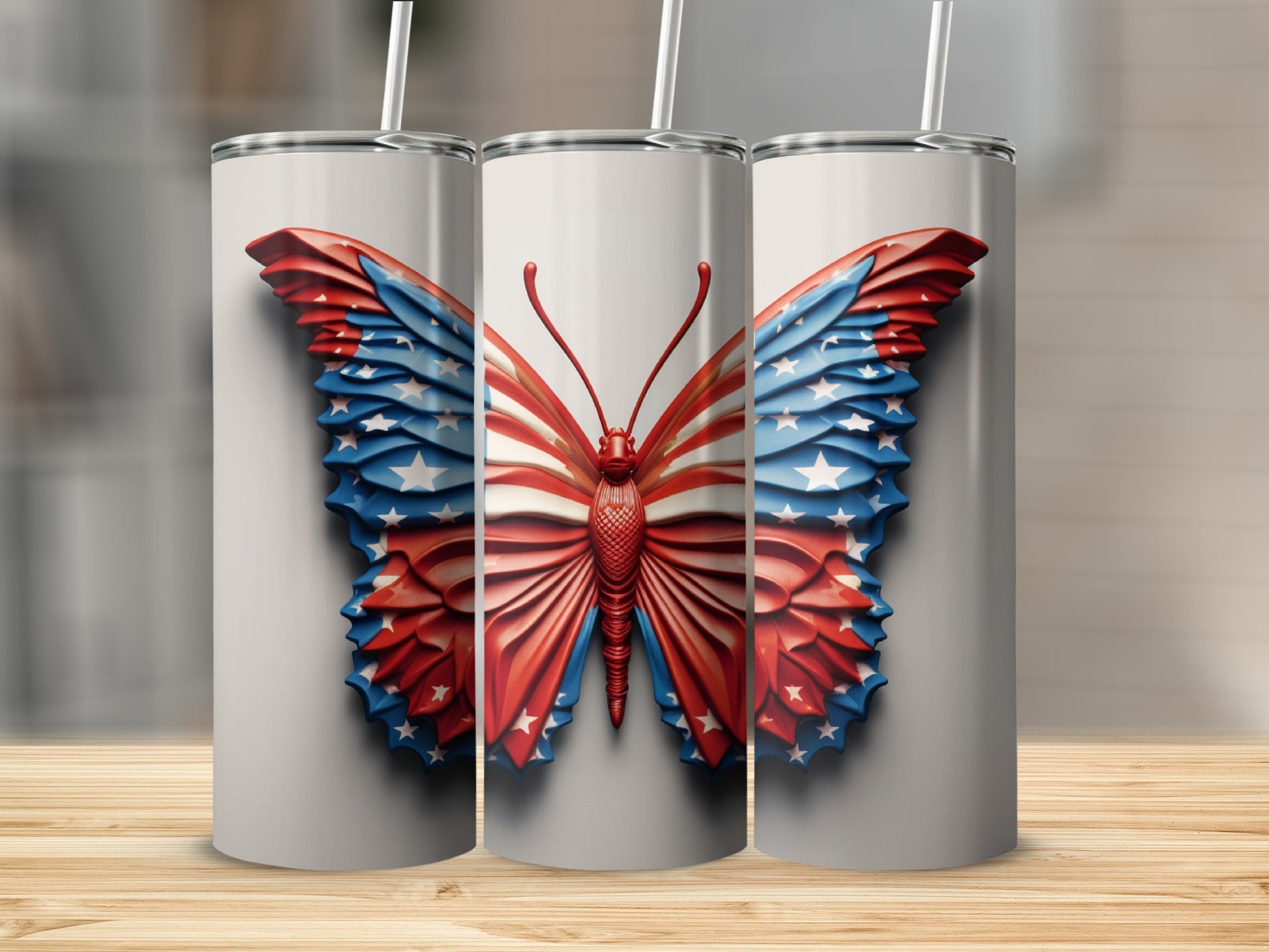 Butterfly tumbler with patriotic red, white, and blue American flag design.