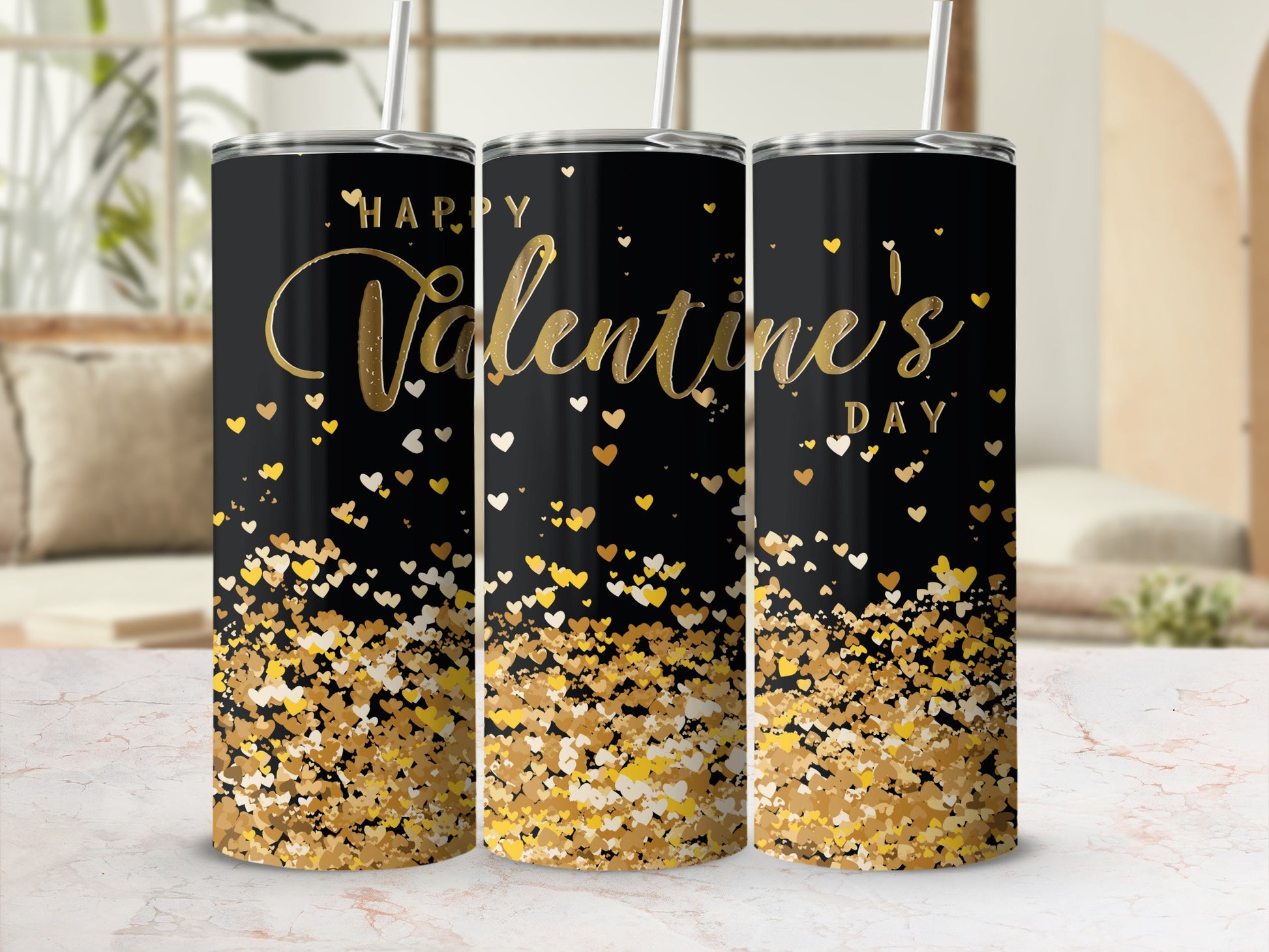 Happy Valentine's Day Gold Hearts Tumbler Design