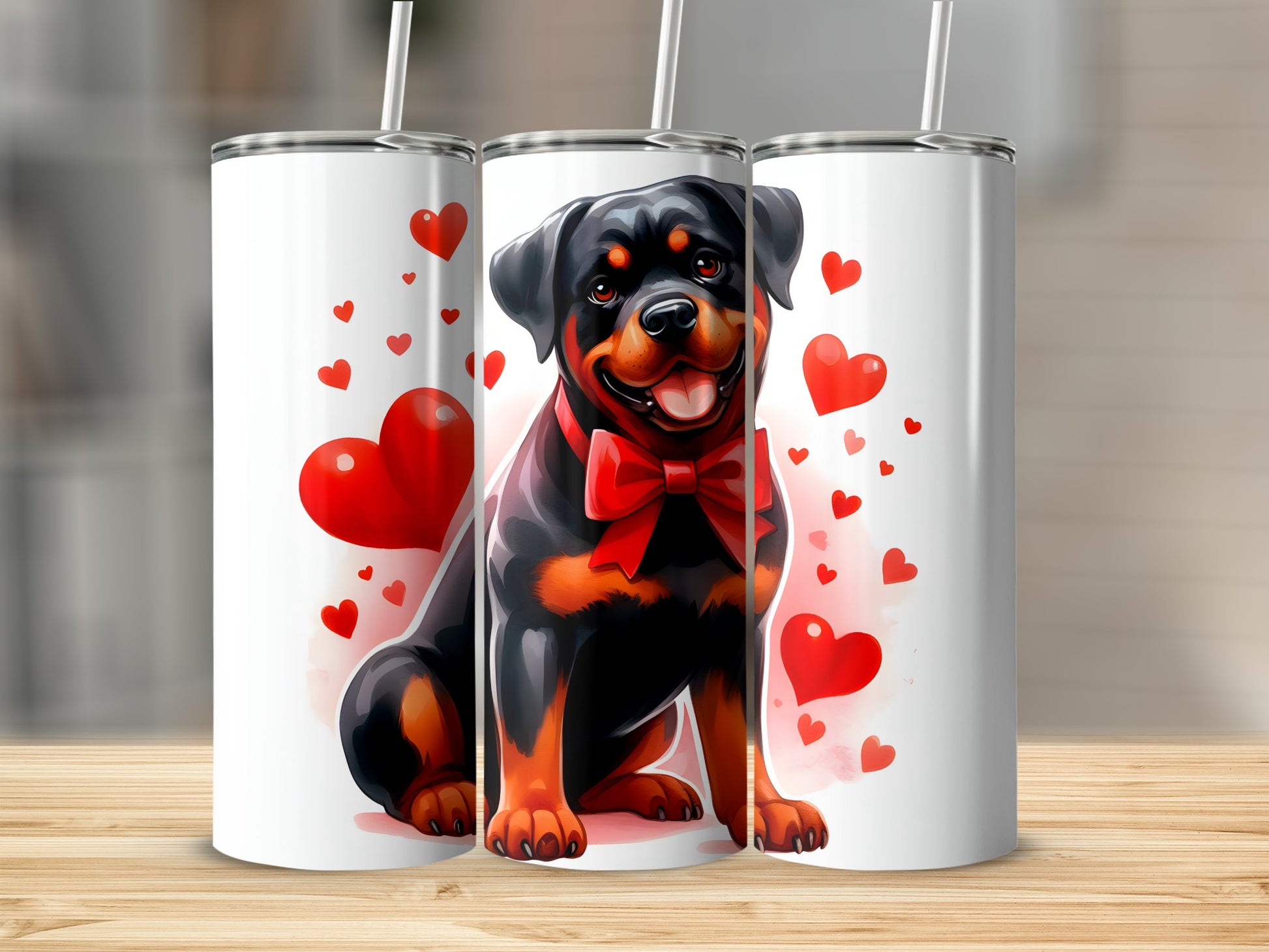 Rottweiler wearing a red bow tie surrounded by red hearts.