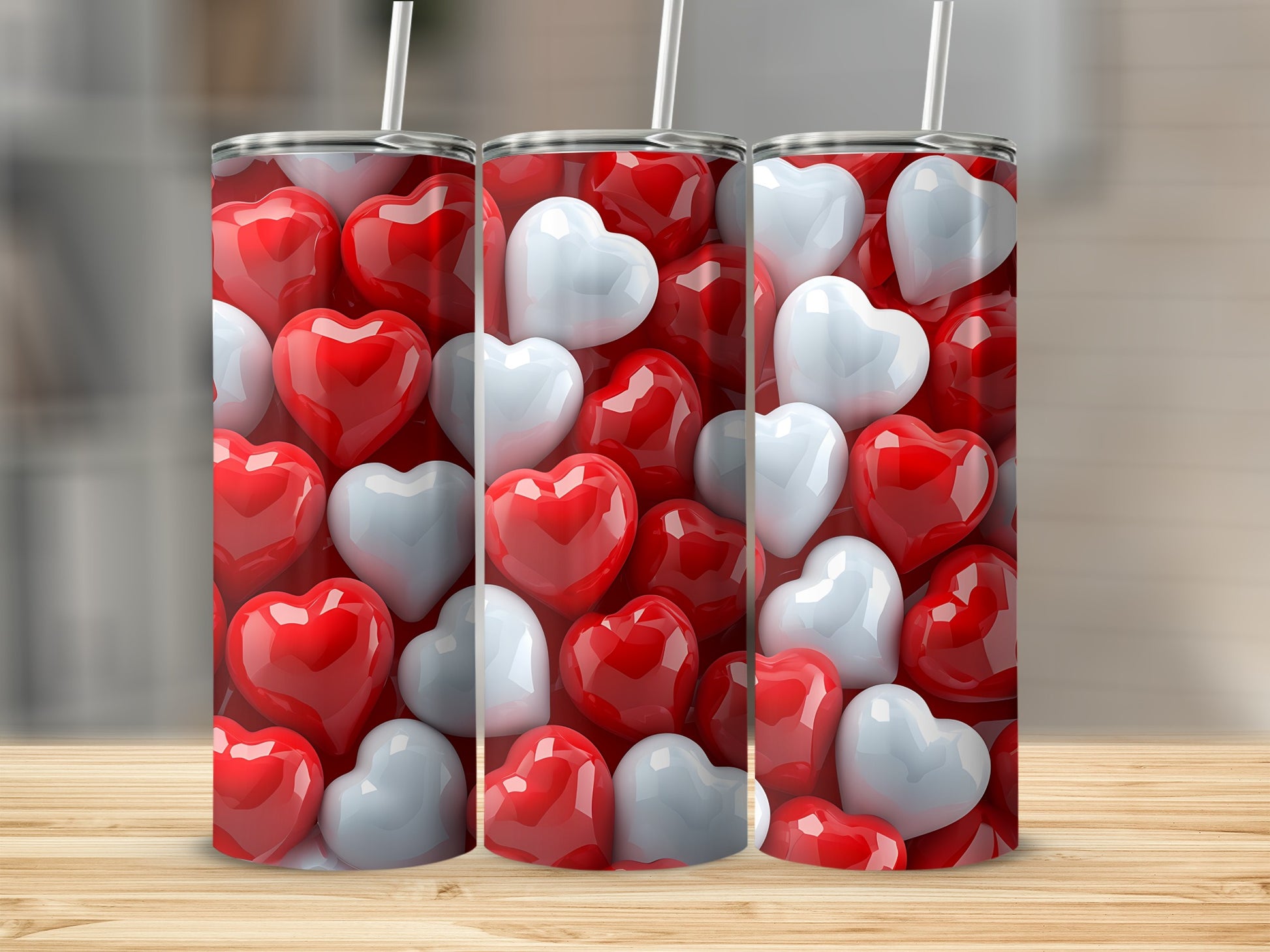 Glossy Red White Hearts Pattern Volumetric Tumbler product type