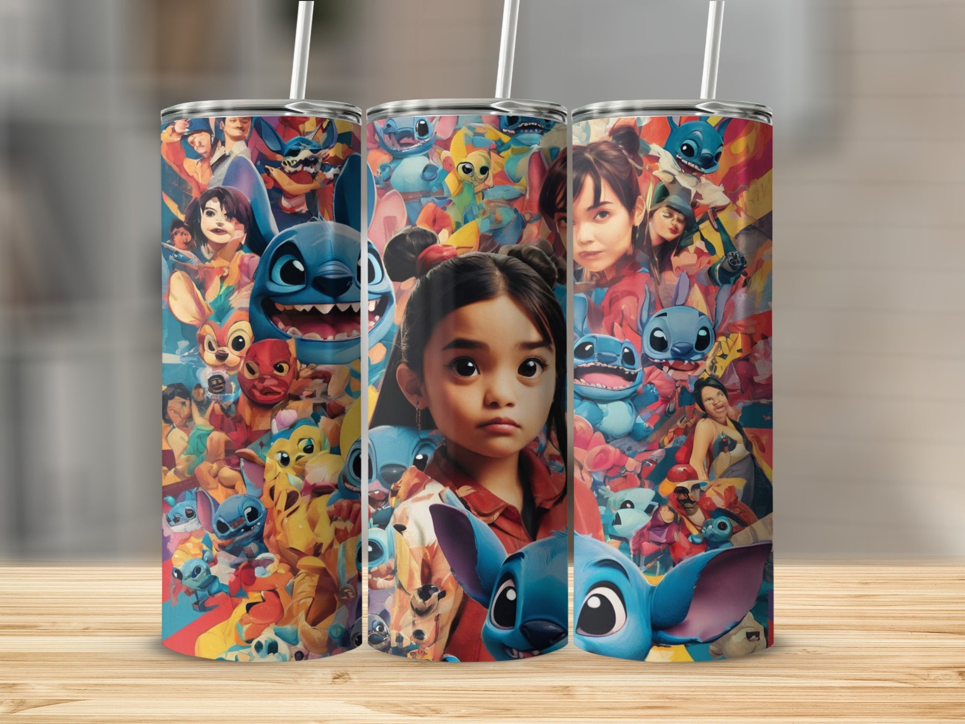 Three tumblers with Stitch and anime-style characters, a young girl featured prominently.