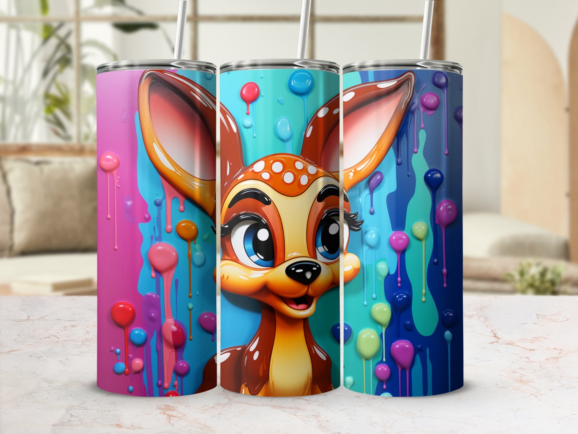 Cute Deer Design Tumbler Vibrant Colors Kids Drinkware