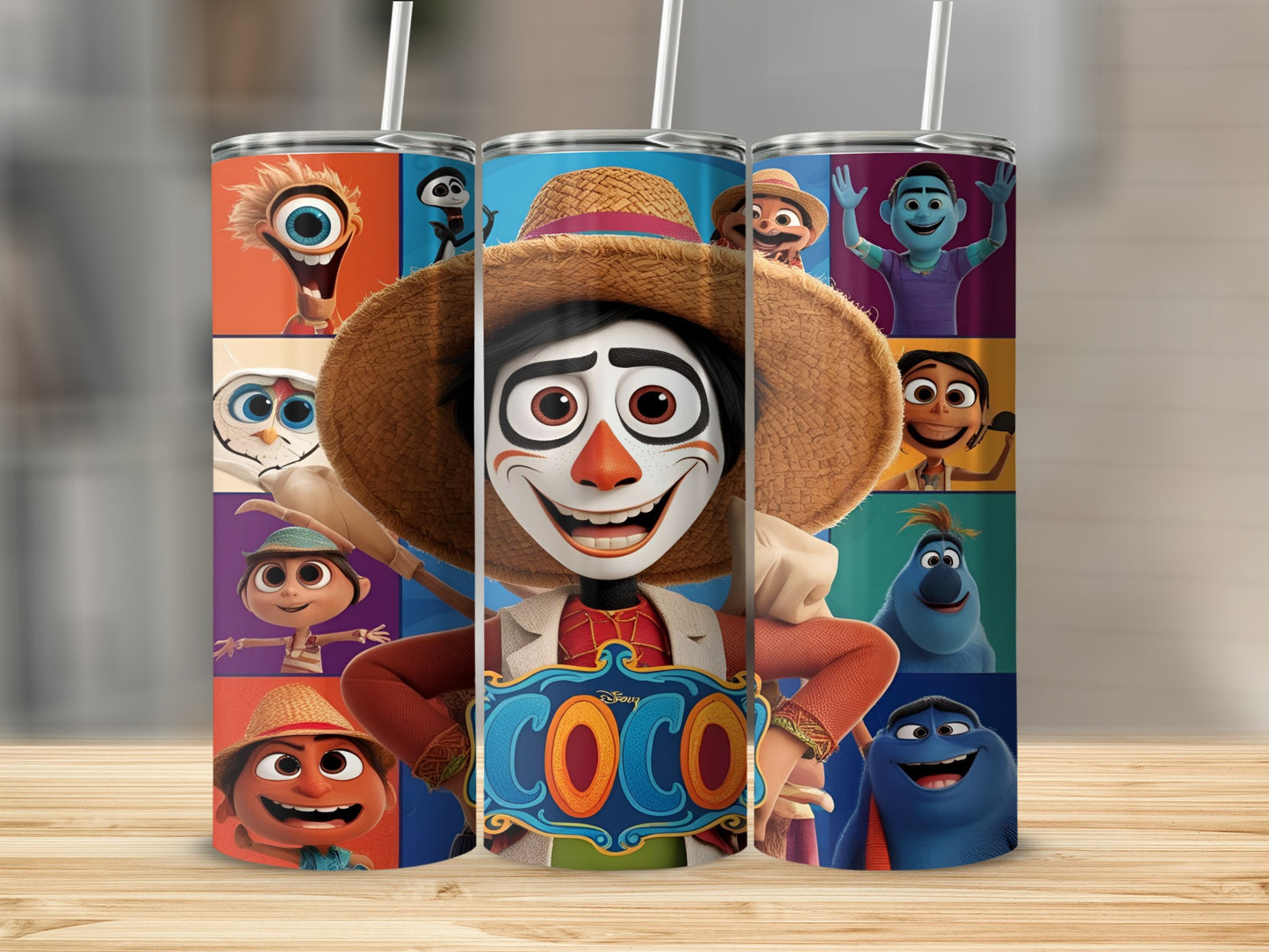 Coco movie characters in a colorful grid pattern on a tumbler.