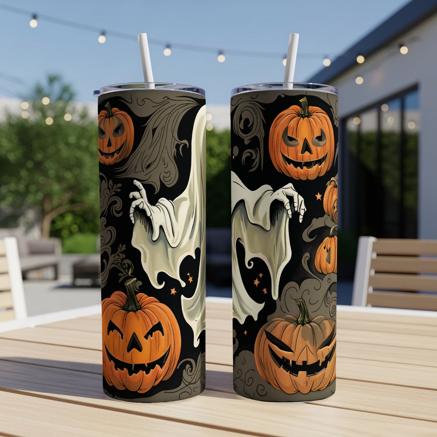 Two tumblers with Halloween ghost and jack-o'-lantern designs sit on a table.