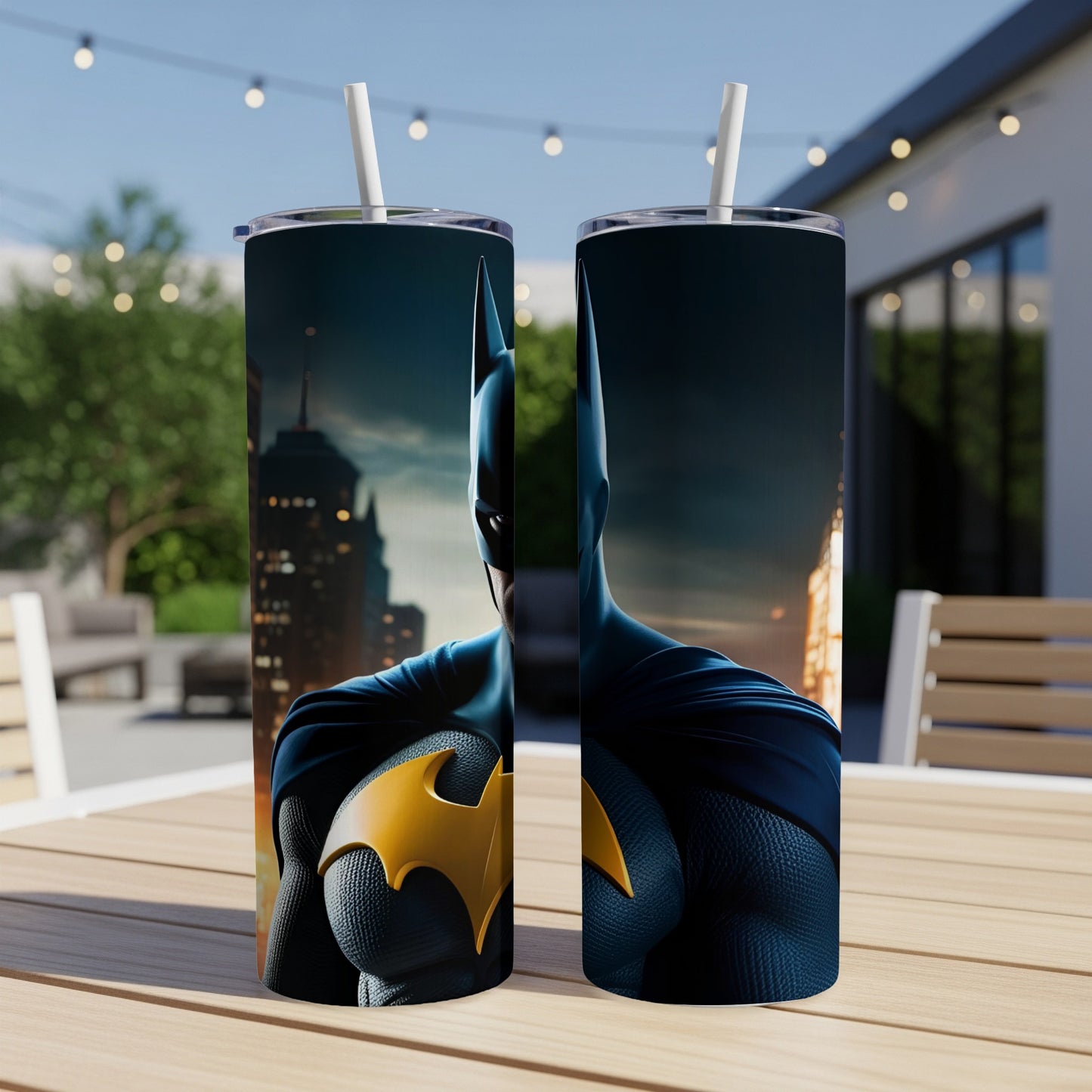 Batman tumbler with Gotham City skyline background.