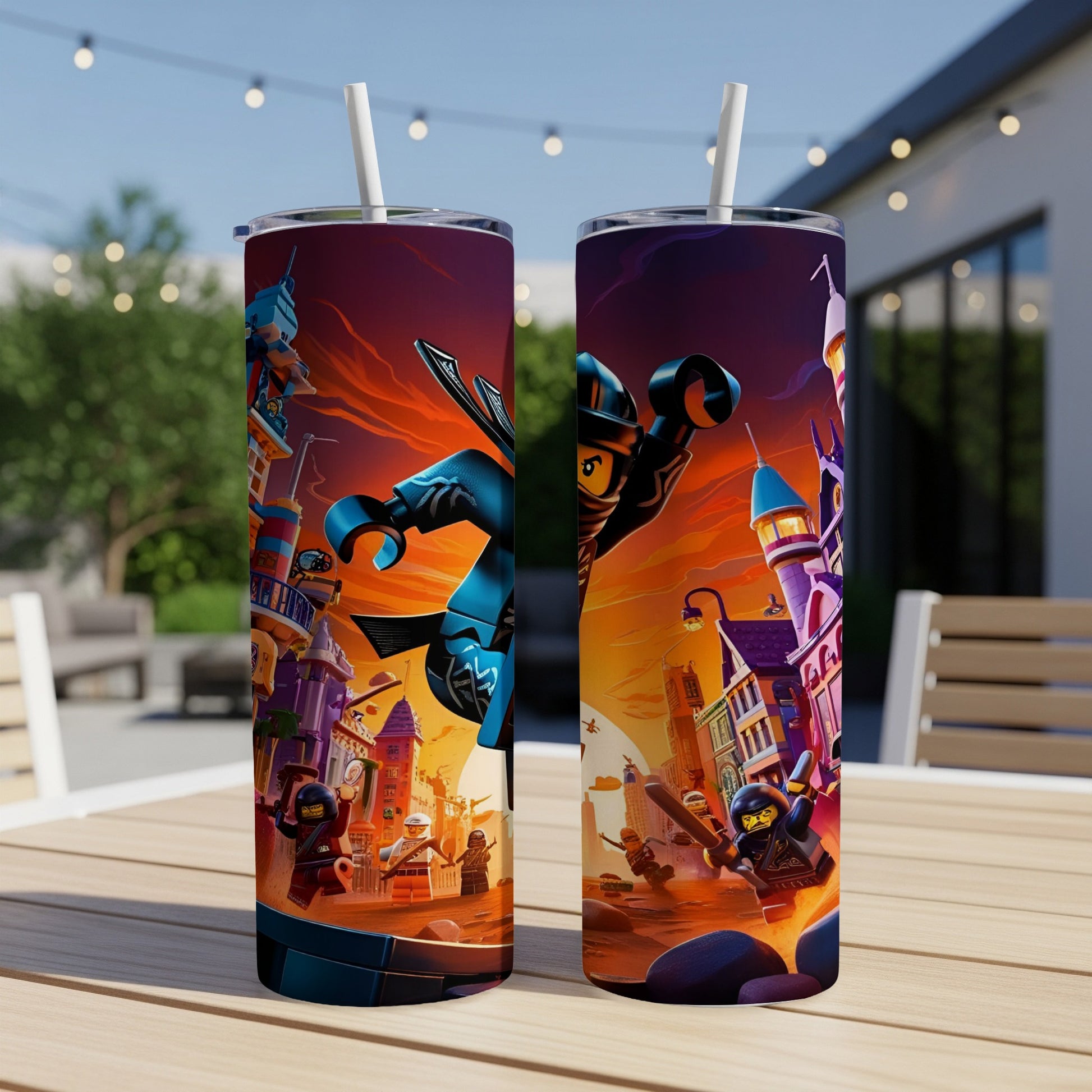 Two colorful tumblers with ninjas and city scene, sitting on a table.