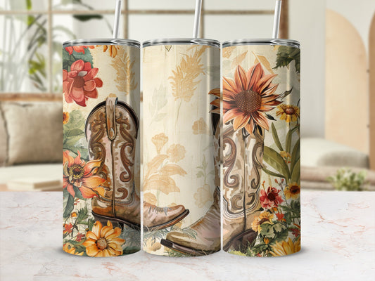 Cowboy boots with floral and sunflower design.
