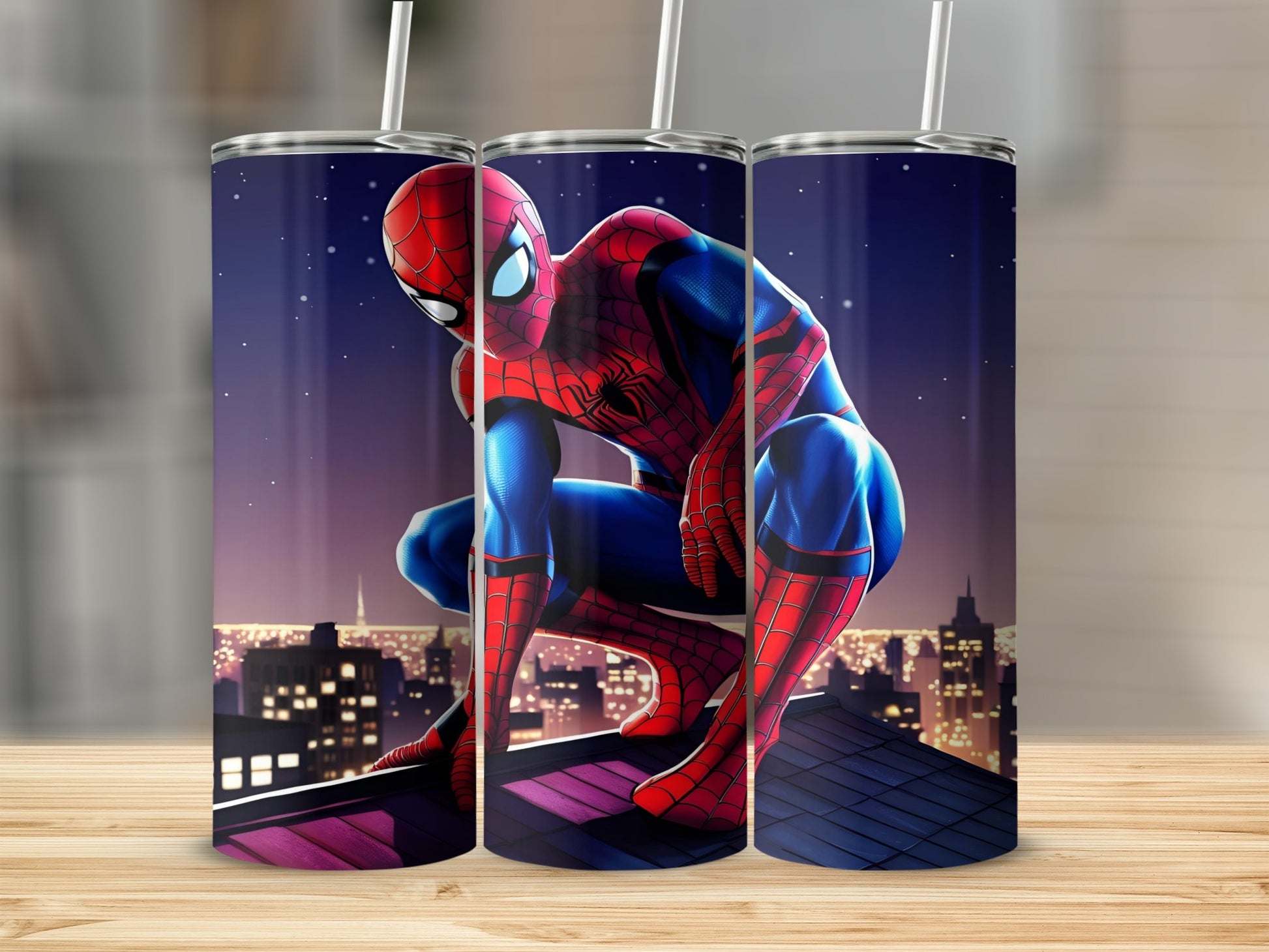 Spiderman crouching on a rooftop at night with city lights behind him.