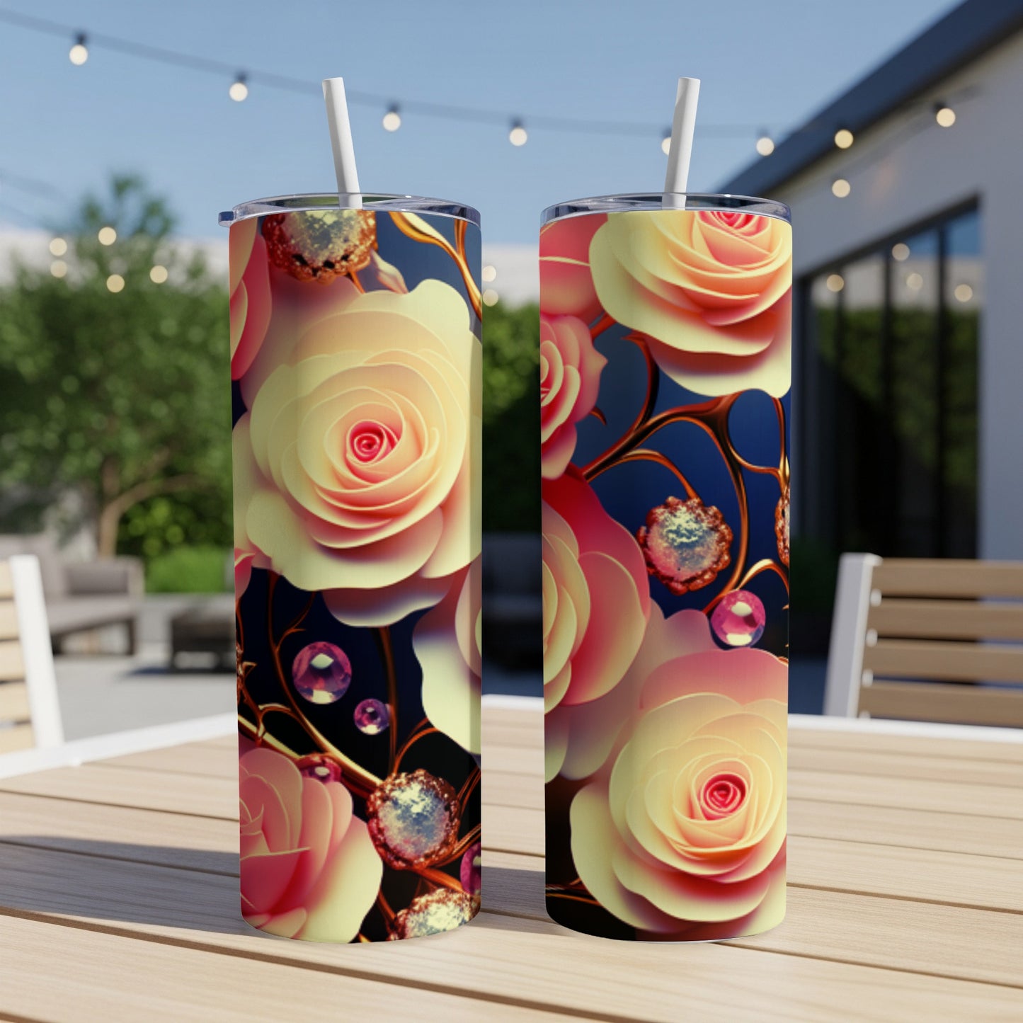 Two tumblers with a pink and yellow rose design sit on a table.