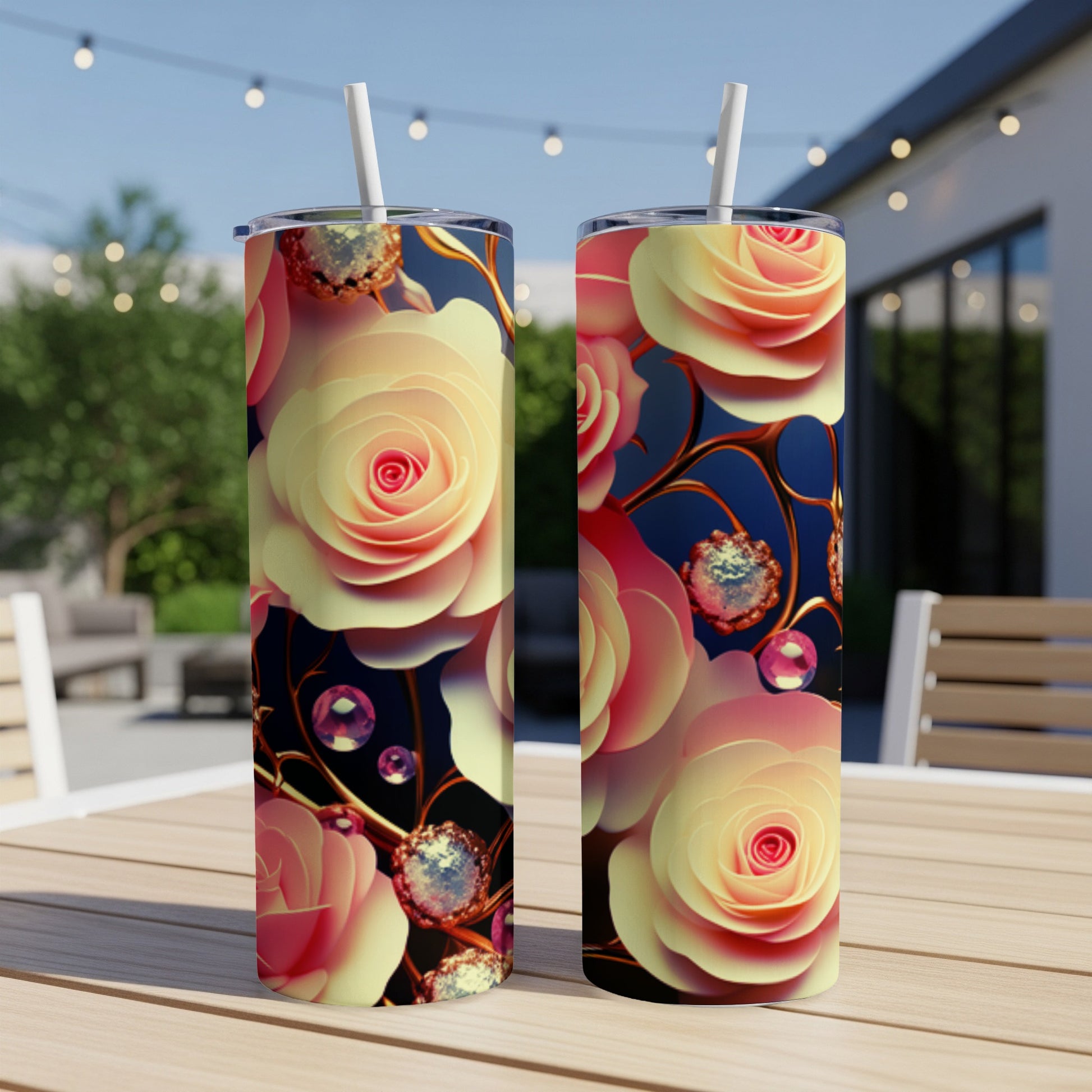 Two tumblers with a pink and yellow rose design sit on a table.