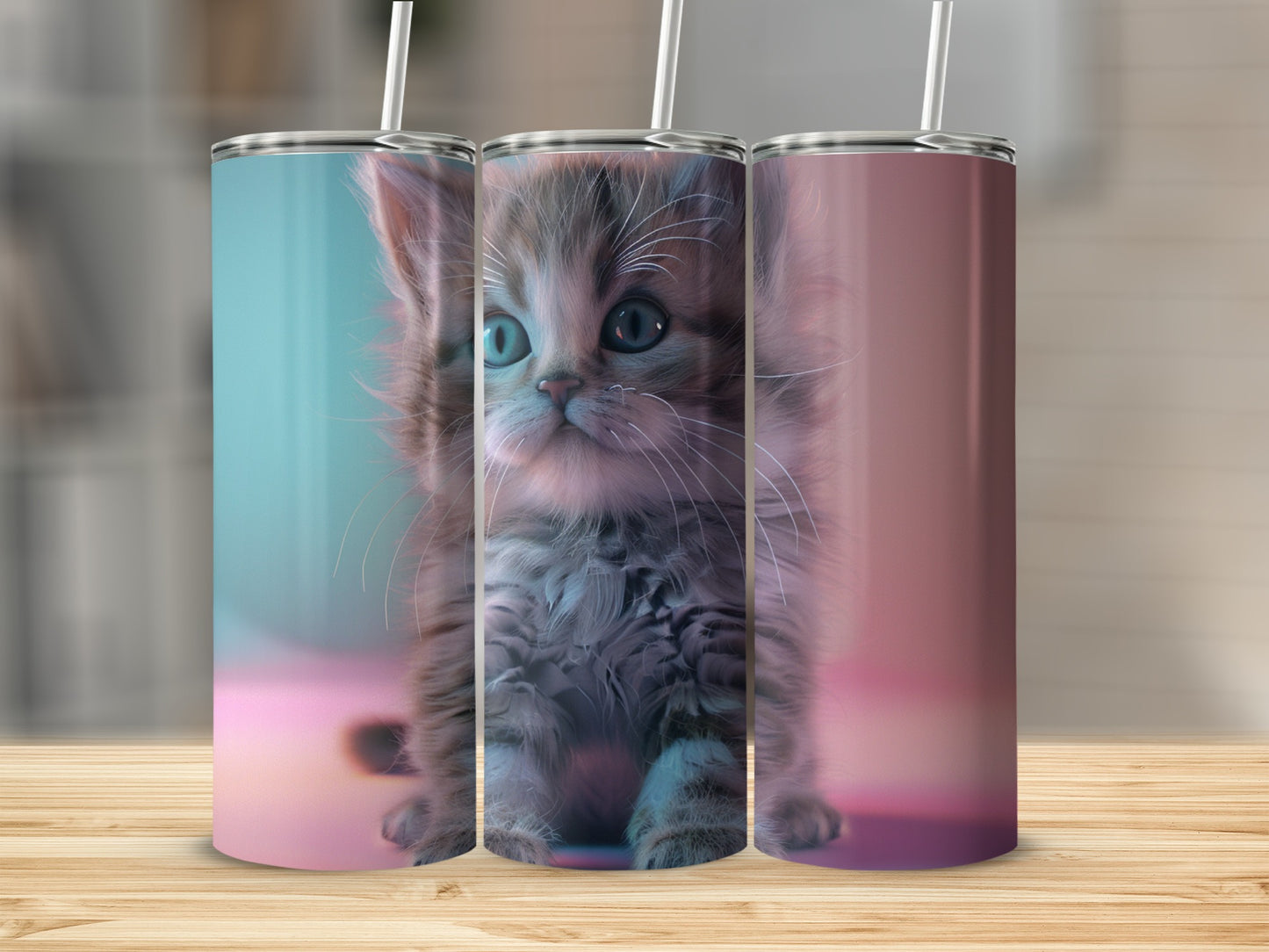 Three kitten tumblers with straws, featuring a fluffy gray kitten.