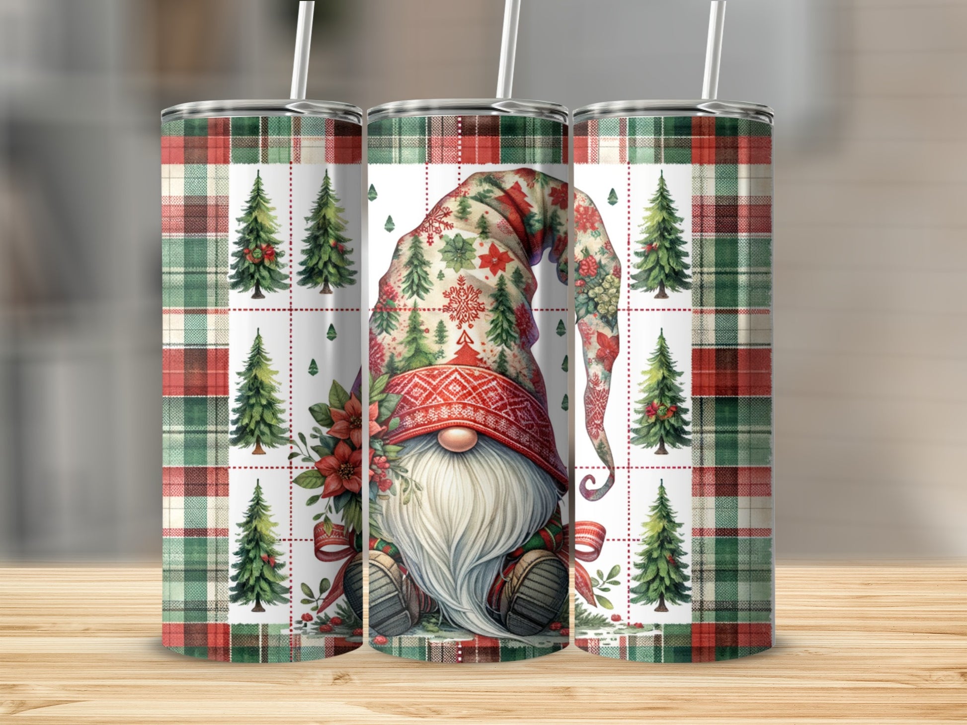 Trio of tumblers with gnome, Christmas trees, and plaid patterns.