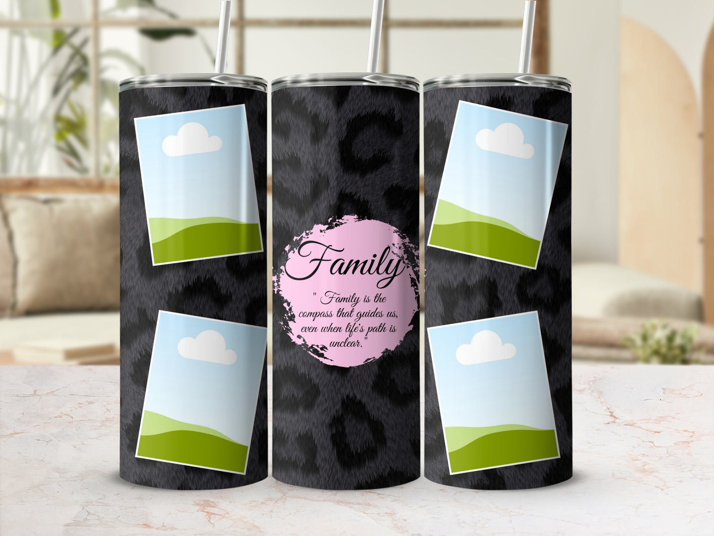 Tumbler with faux fur pattern and framed landscape images, featuring "Family" quote.