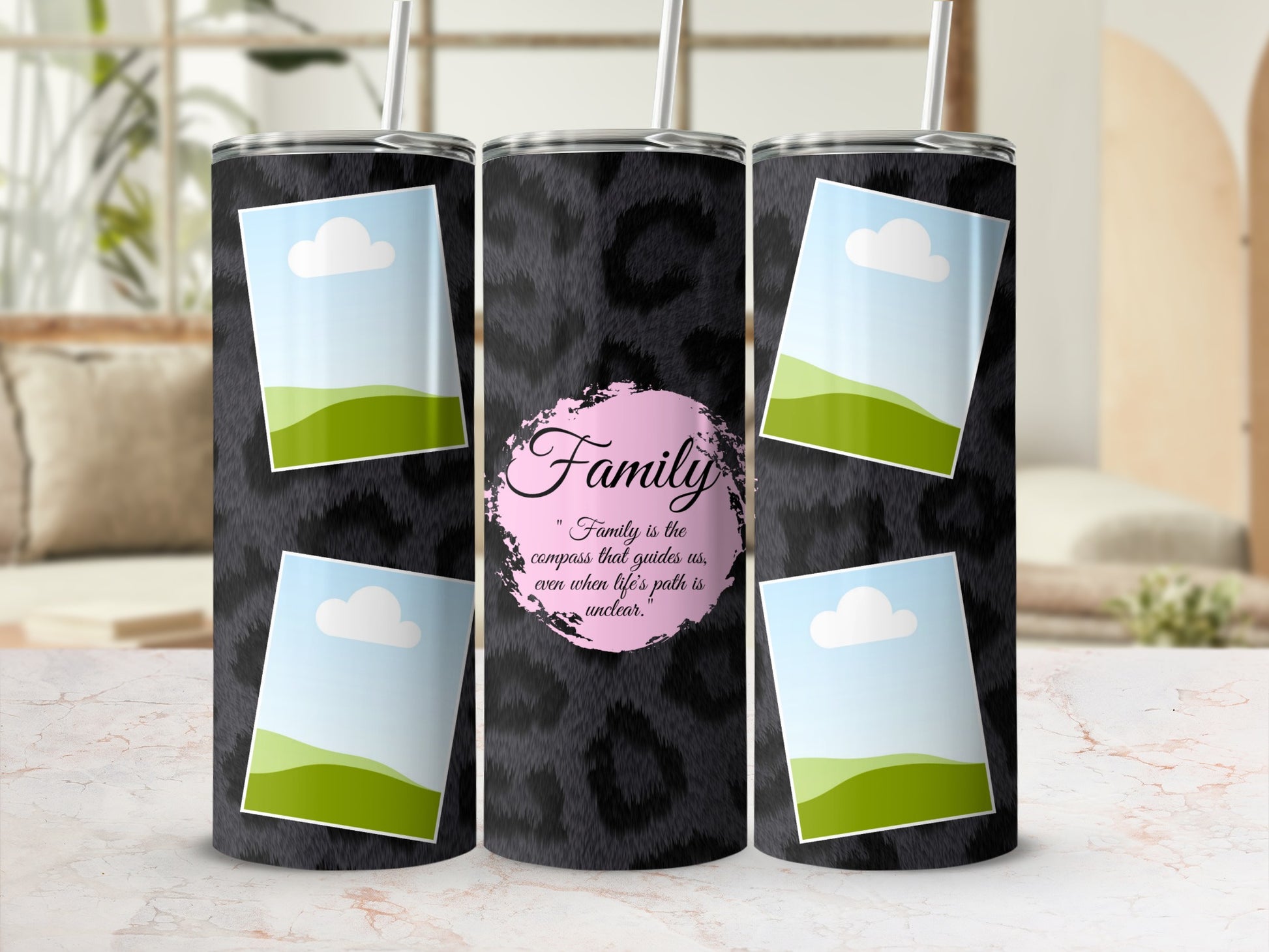 Tumbler with faux fur pattern and framed landscape images, featuring "Family" quote.