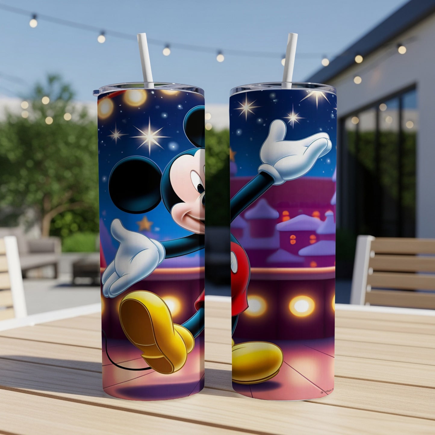 Mickey Mouse on two tumblers with a starry night background.