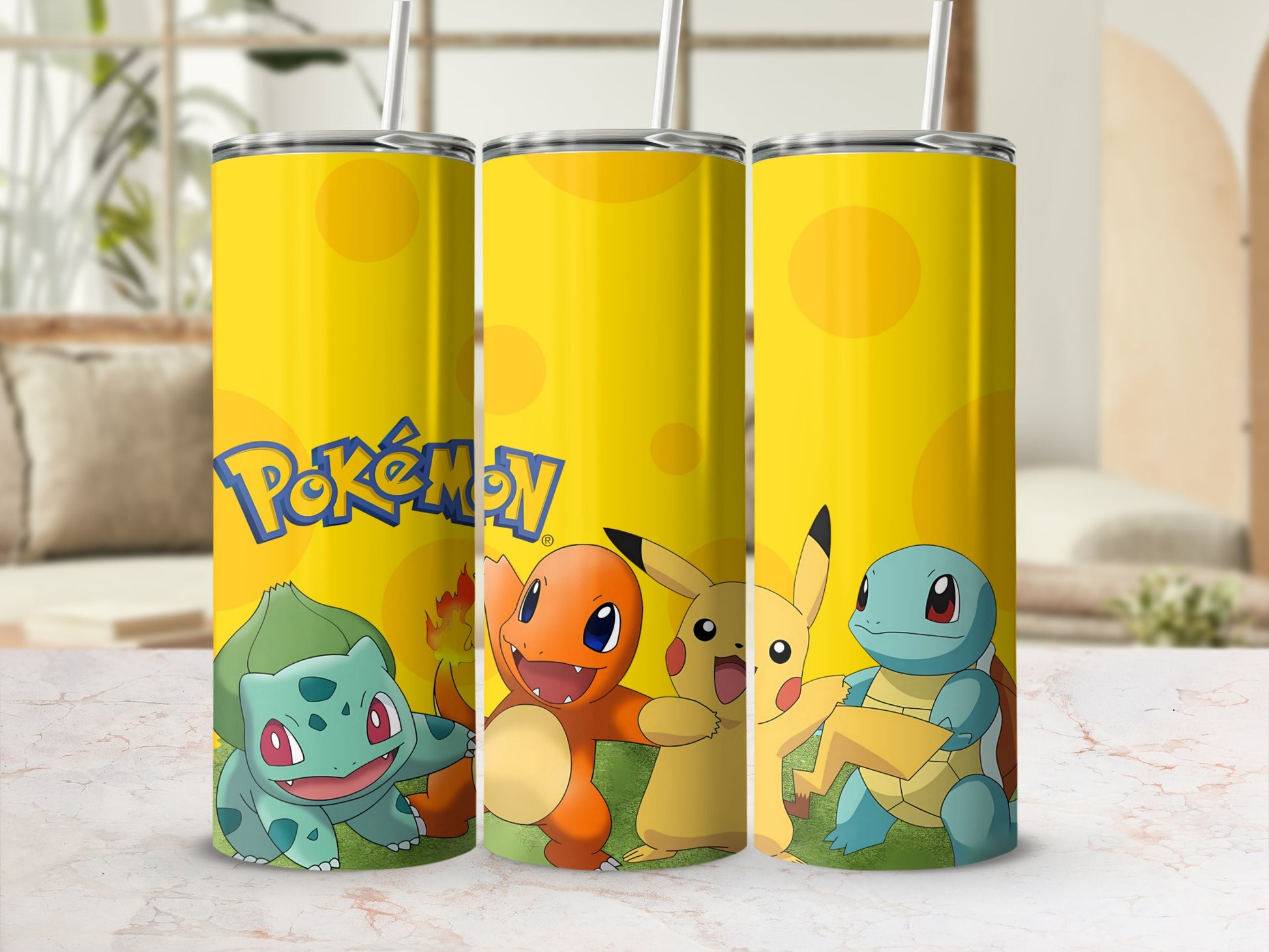 Colorful Pokémon Character Tumbler Cup with Straw
