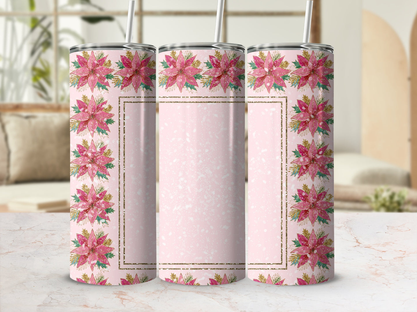 Pink floral tumbler with gold glitter accents and straw.