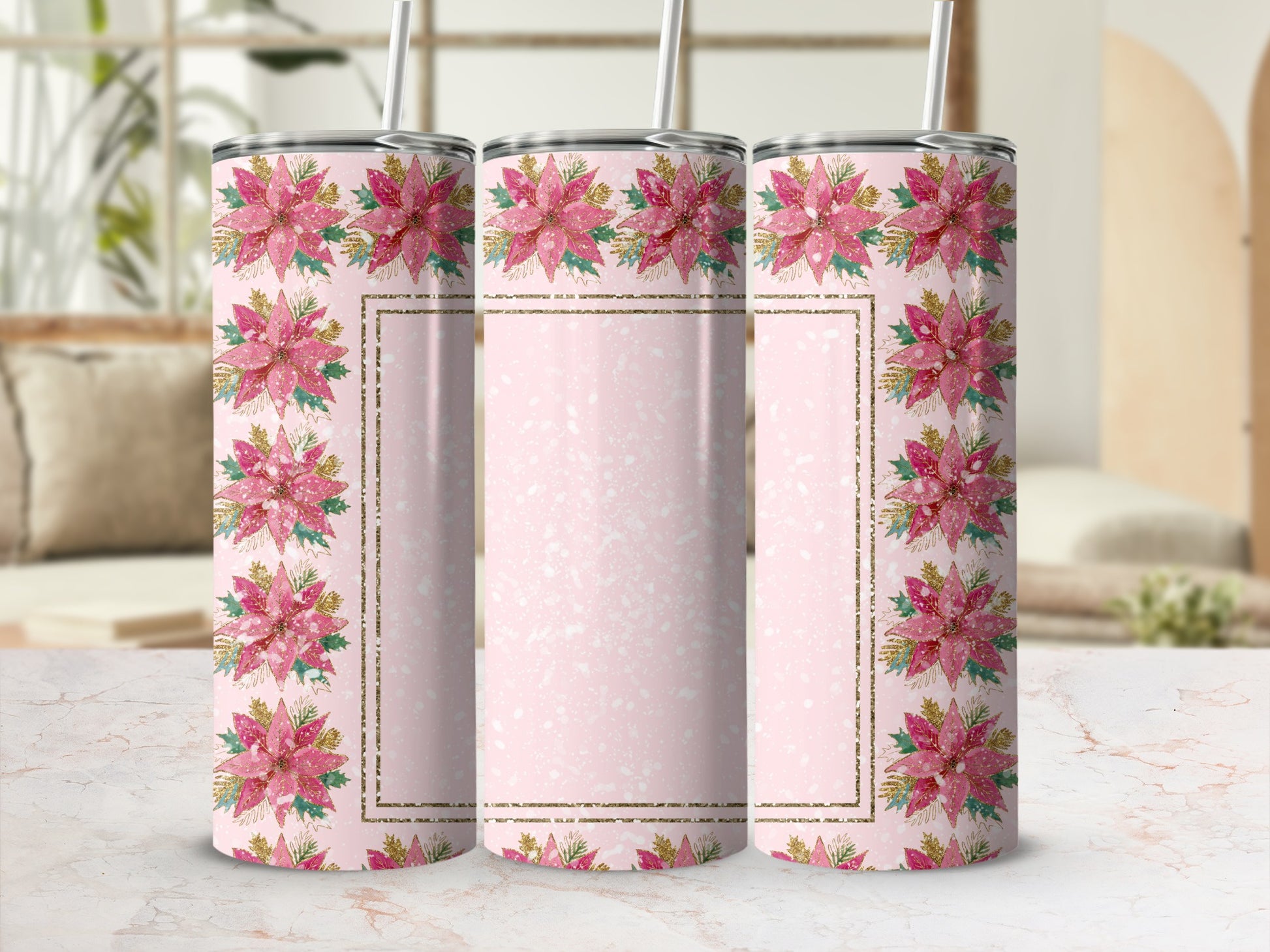 Pink floral tumbler with gold glitter accents and straw.