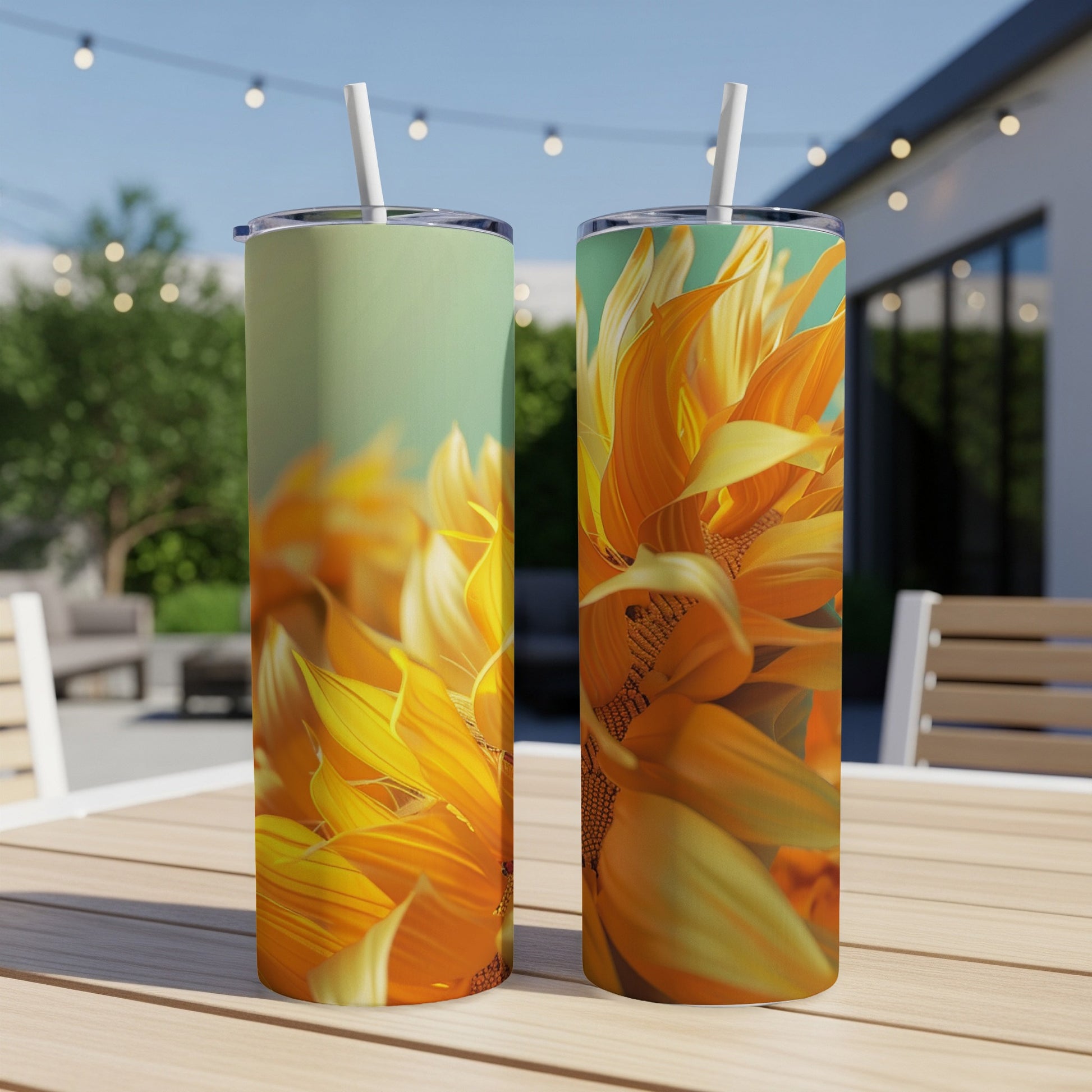 Two tumblers with vibrant sunflower petal designs on a wooden table.