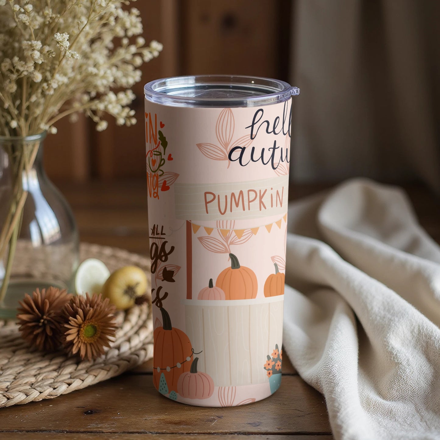 Hello Autumn Pumpkin Themed Tumbler with Lid
