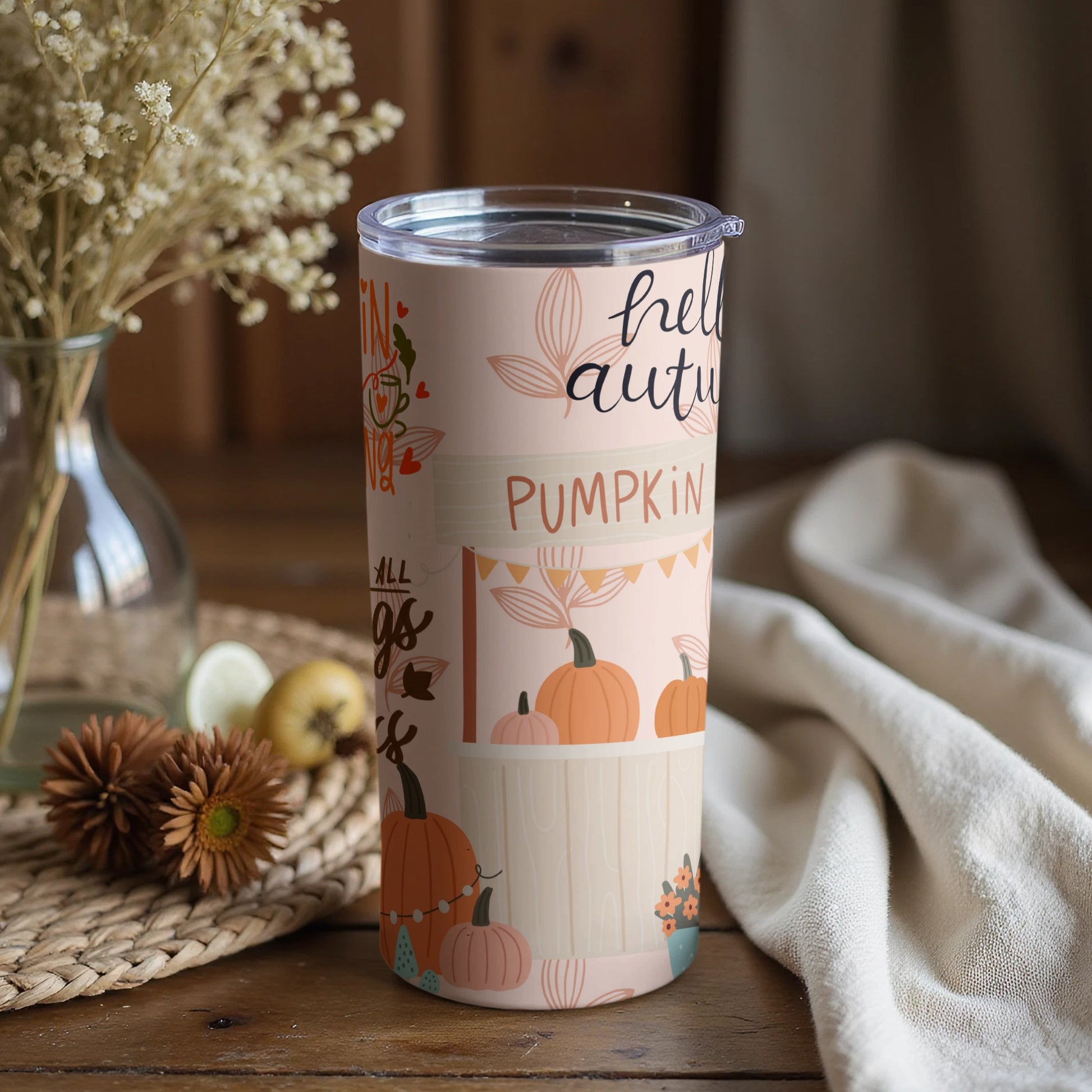 Hello Autumn Pumpkin Themed Tumbler with Lid