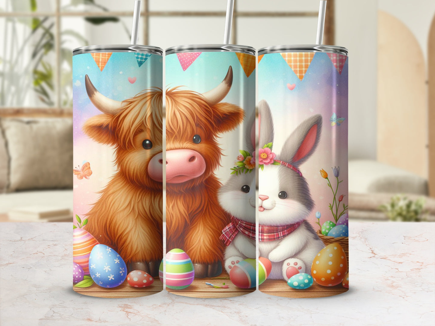 Fluffy highland cow and a rabbit with Easter eggs and a checkered banner.