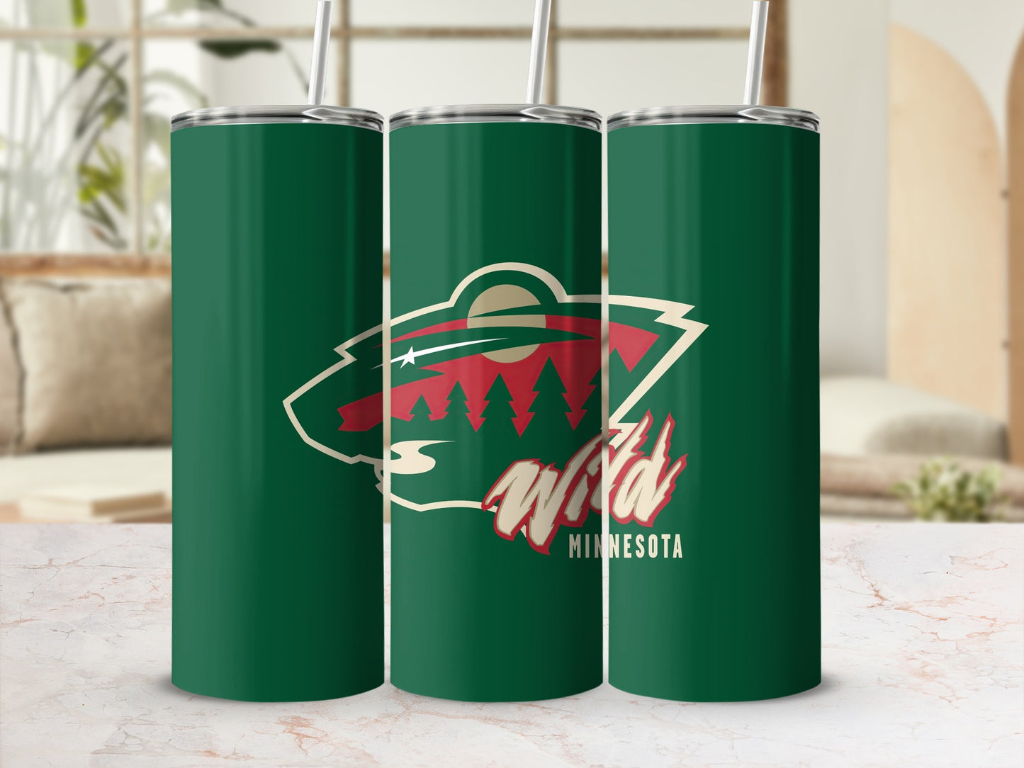Three green tumblers feature the Minnesota Wild logo and text.