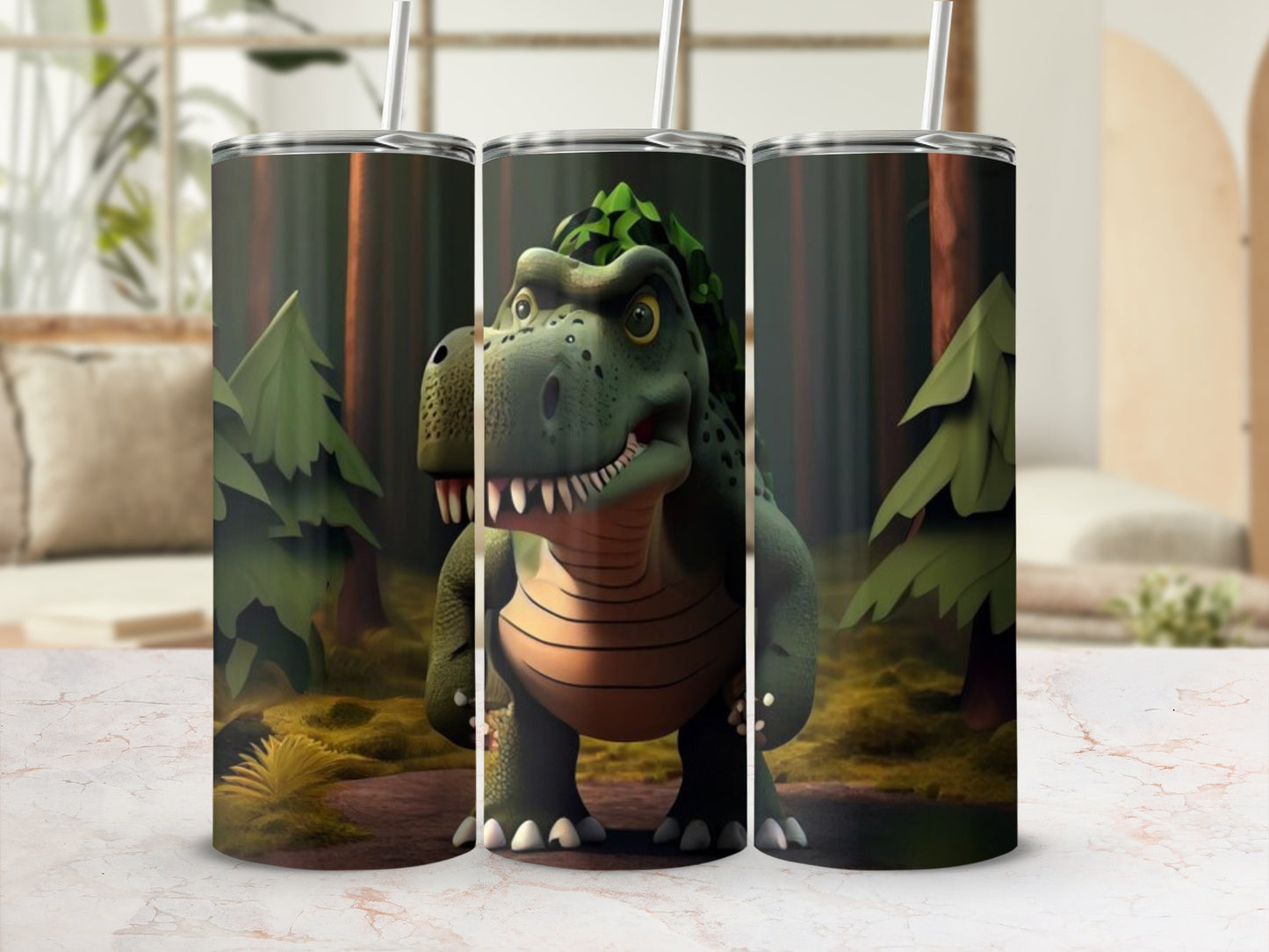 Cute Dinosaur Wearing Leaf Crown Forest Scene Tumbler