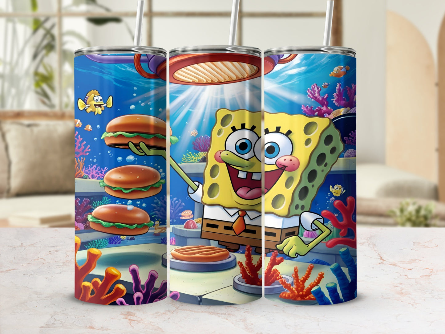 SpongeBob SquarePants holding a Krabby Patty in a bright underwater kitchen.